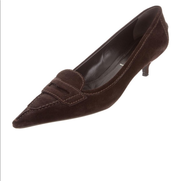Vintage PRADA Kitten Healed Brown Suede Pointed-Toe Pumps with Tonal Stitching - Picture 7 of 11